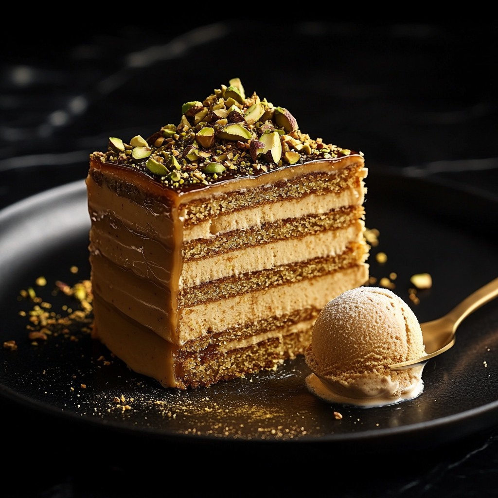 Hausgemachte usbekische Honigtorte Medovik mit Pistazien