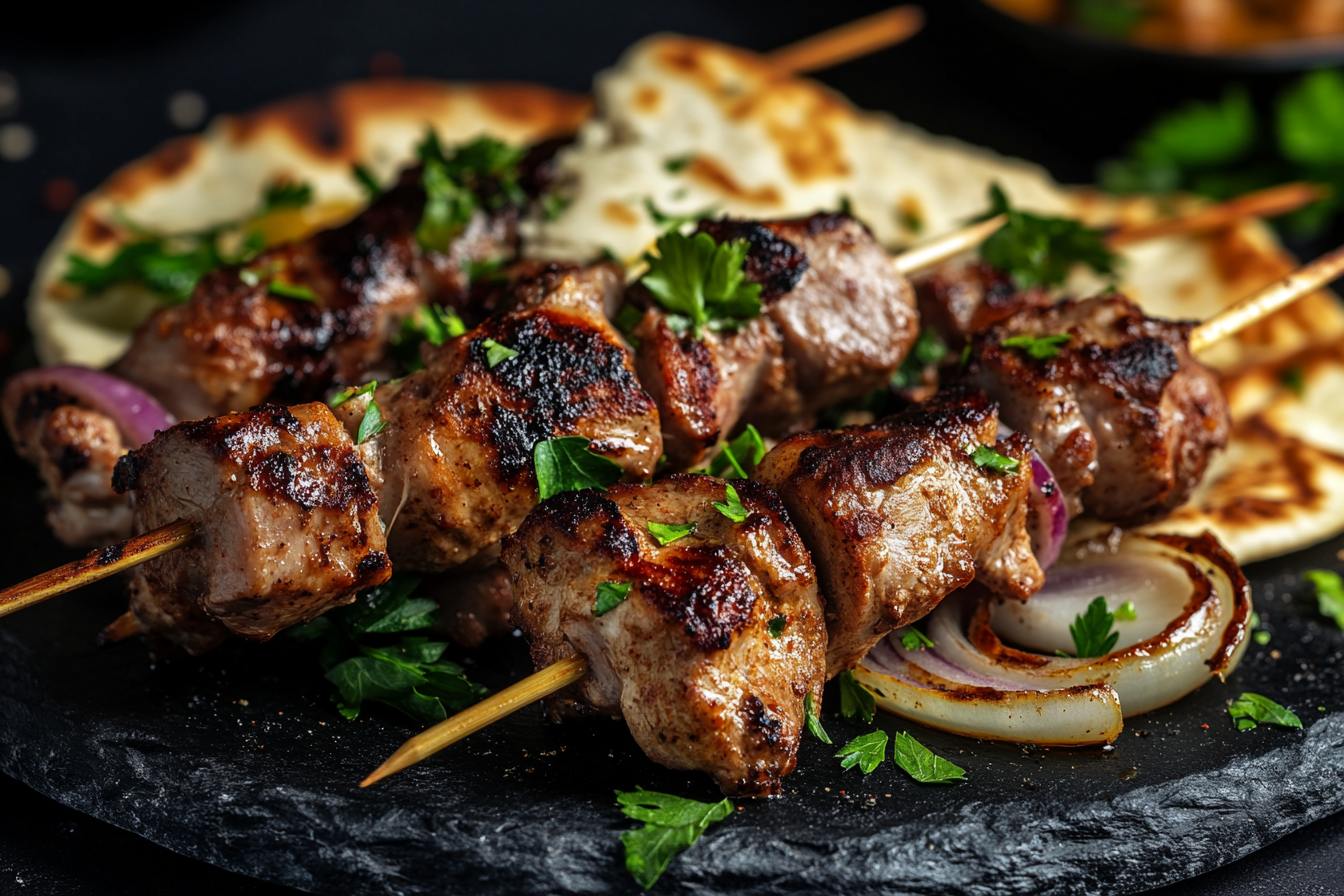 Traditioneller usbekischer Halal Shashlik-Spieß frisch vom Grill in München